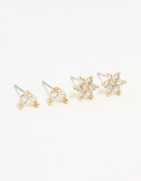 Gold Plated Cubic Zirconia Flower & Leaf Stud Earrings 2-Pack