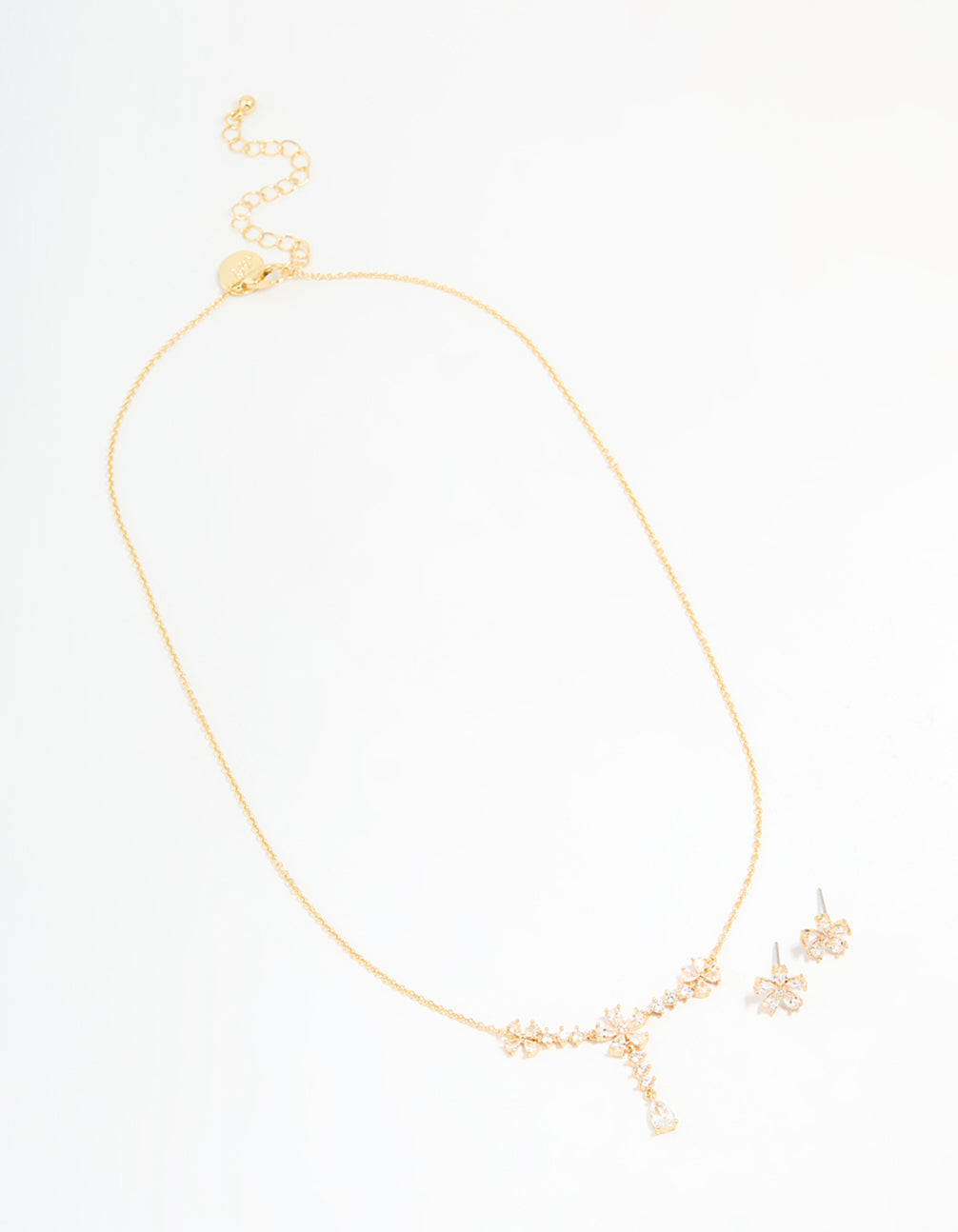 Gold Plated Cubic Zirconia Flower Drop Necklace & Earrings Set