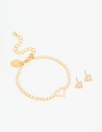 Gold Plated Cubic Zirconia Heart Outline Tennis Bracelet & Earrings Set - link has visual effect only