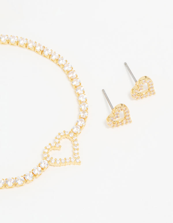 Gold Plated Cubic Zirconia Heart Outline Tennis Bracelet & Earrings Set