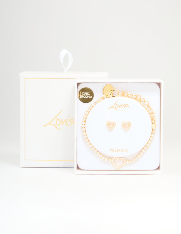 Gold Plated Cubic Zirconia Heart Outline Tennis Bracelet & Earrings Set