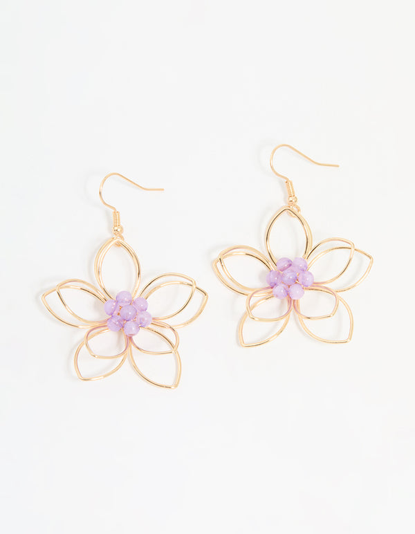 Rose Gold Purple Beaded 3D Flower Drop Earrings