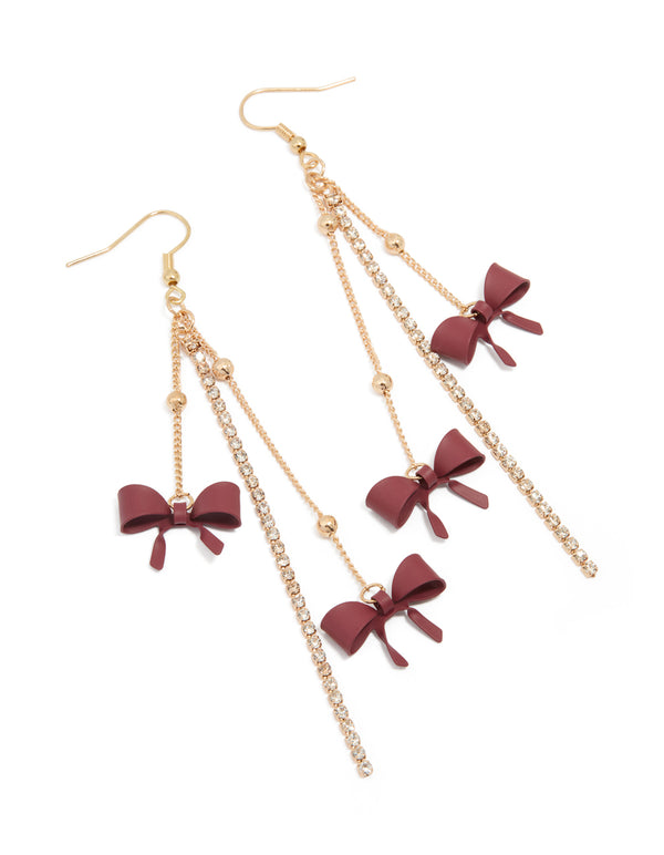 Gold Burgundy Bow Chain Drop Earrings