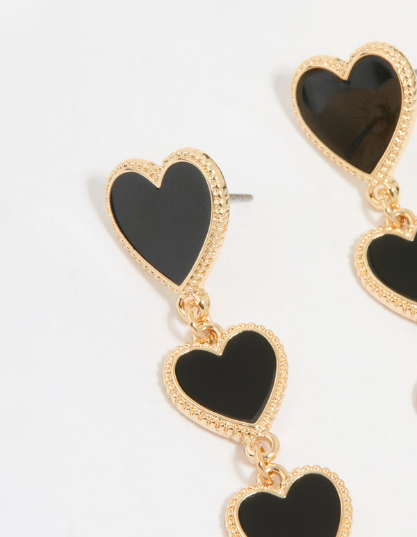 Gold Black Heart Tiered Drop Earrings
