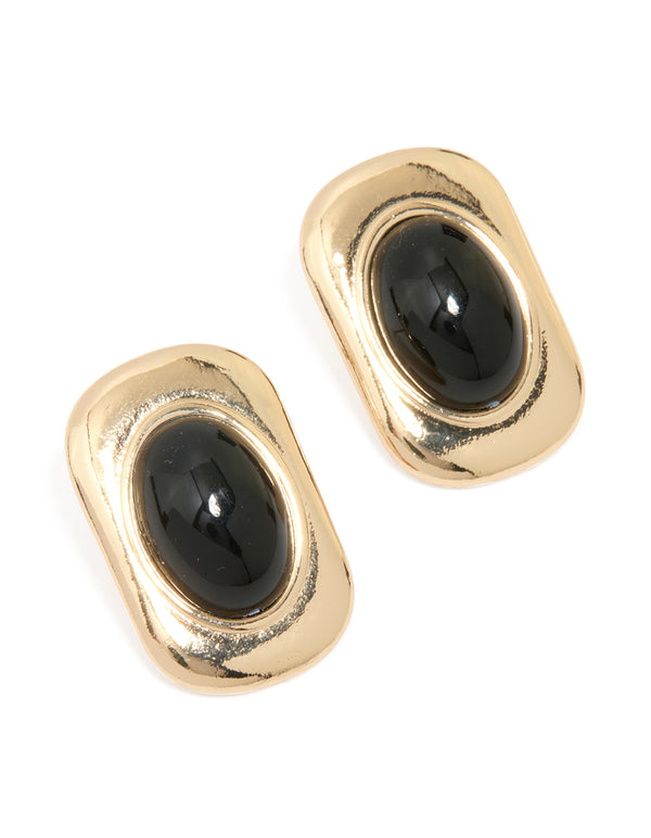Gold Black Stone Oval Stud Earrings