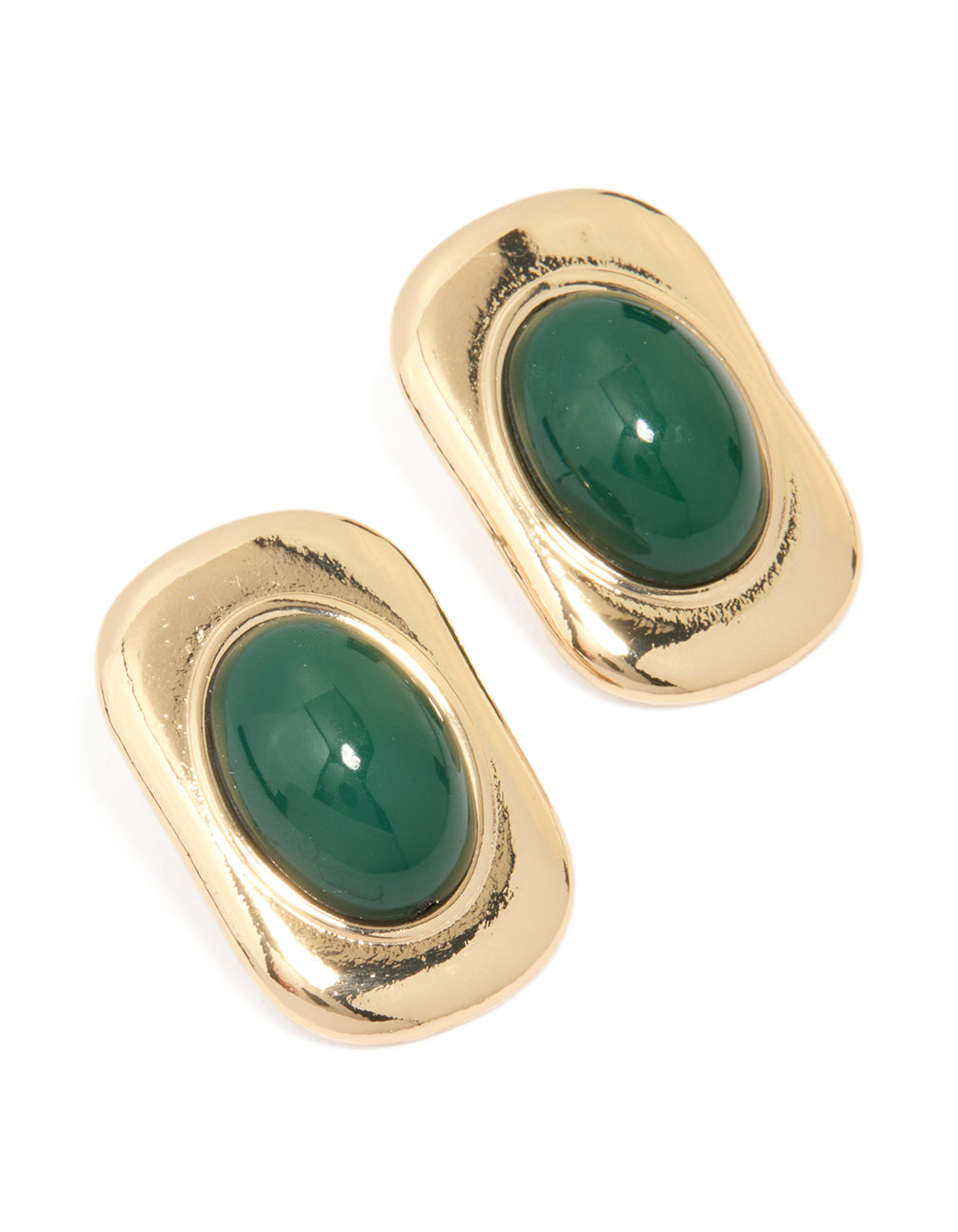 Gold Green Stone Rectangle & Oval Stud Earrings