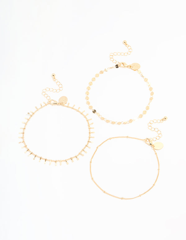 Gold Chain & Droplet Dainty Anklets 3-Pack
