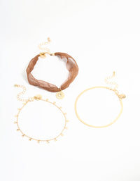 Gold Brown Fabric & Snake Chain Anklets 3-Pack - link has visual effect only