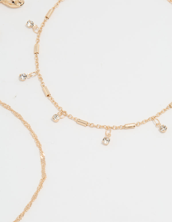 Gold Diamante & Ocean Charm Anklets 3-Pack