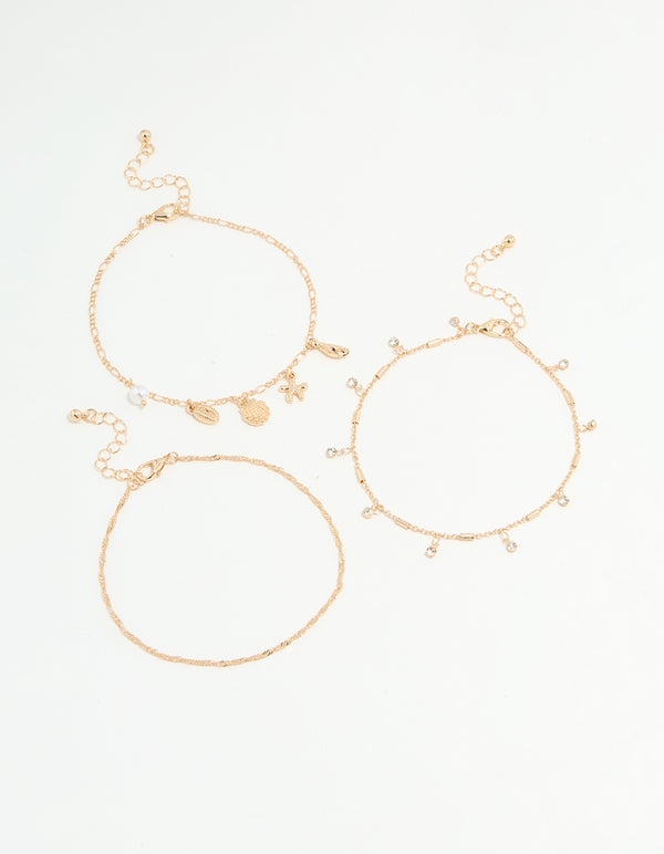 Gold Diamante & Ocean Charm Anklets 3-Pack