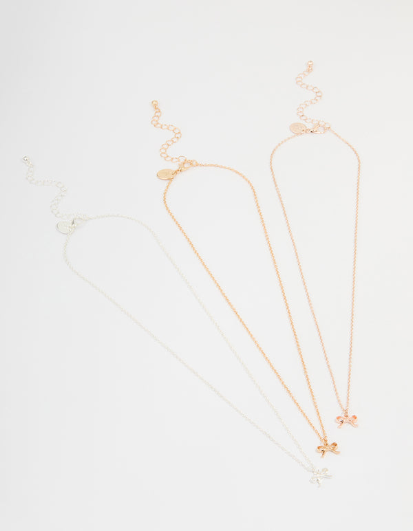 Mixed Metals Bow Necklaces 3-Pack
