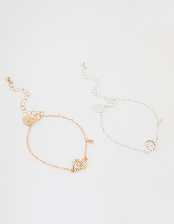 Mixed Metal Diamante Heart Link Bracelets 2-Pack