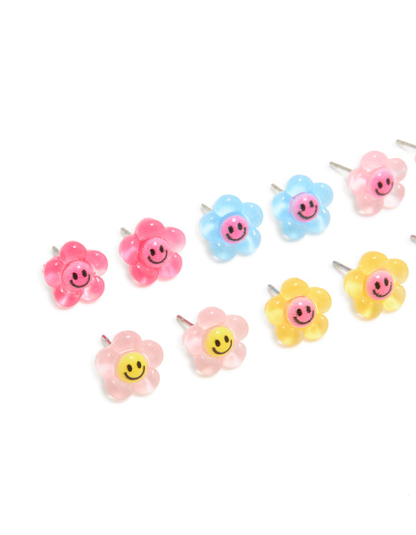 Multicoloured Acrylic Smiley Flower Stud Earrings 8-Pack