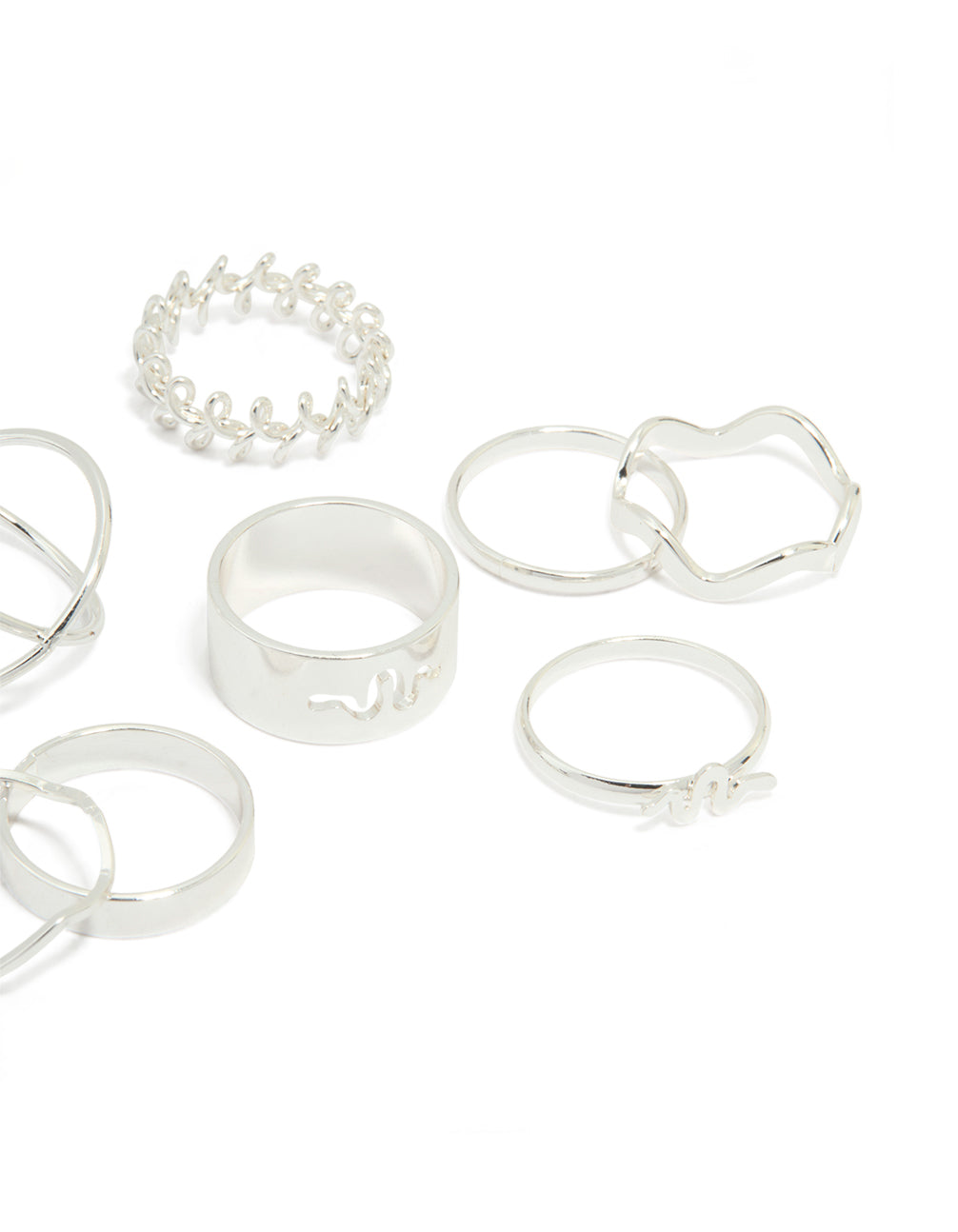 Silver Snake & Wavy Rings 8-Pack