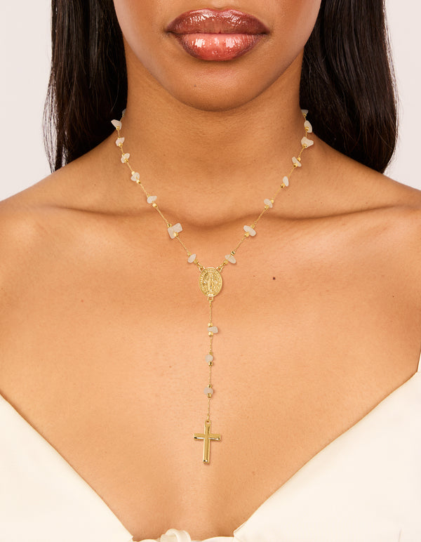 Gold Plated Rose Quartz Semi Precious Stone Lariat Y-Necklace