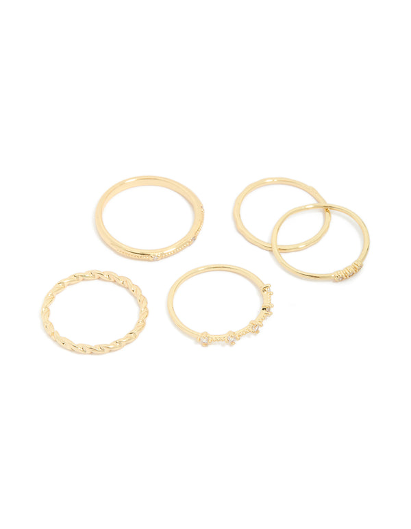 Showcasing gold plated cubic zirconia mixed detail rings 5-pack front view