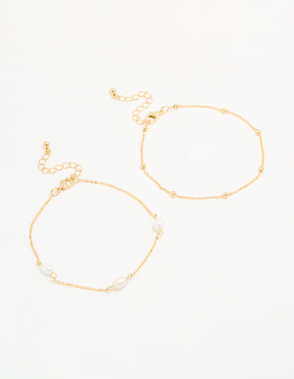 Gold Plated Freshwater Pearl Ball Chain Anklets 2-Pack