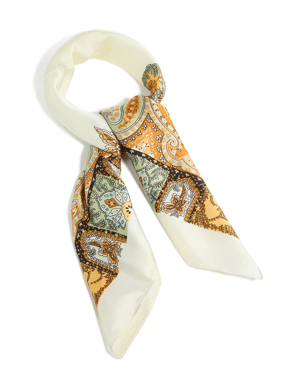 Showcasing a paisley western fabric scarf featuring floral and leaf print in ivory, orange, dark sea green, and black side view