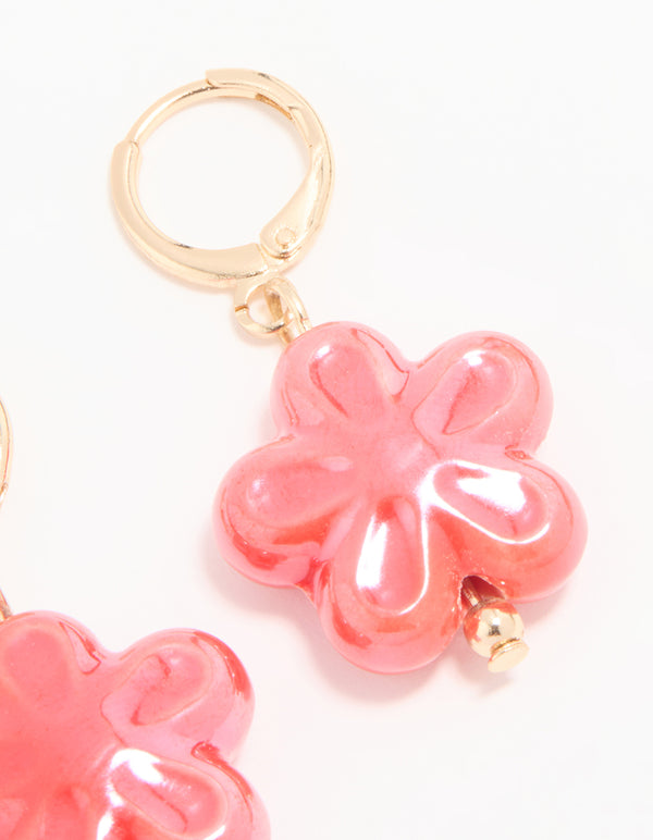 Gold Pink Flower Huggie Drop Earrings