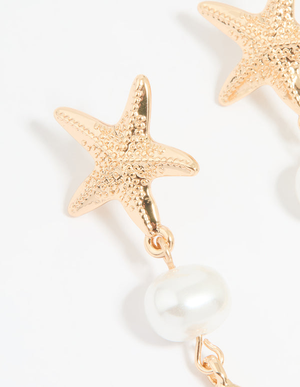 Gold Pearl Fish Drop Earrings