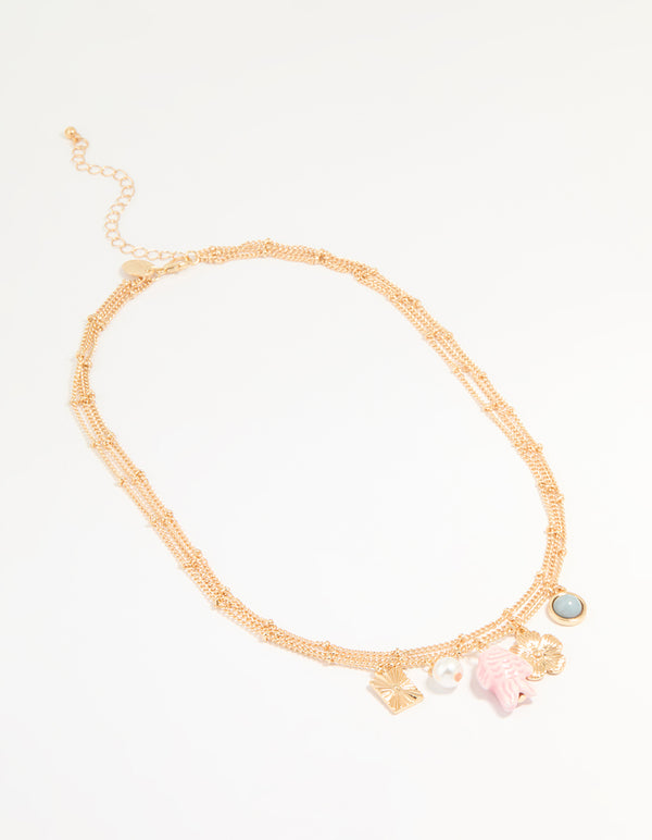 Gold Fish & Flower Charm Necklace