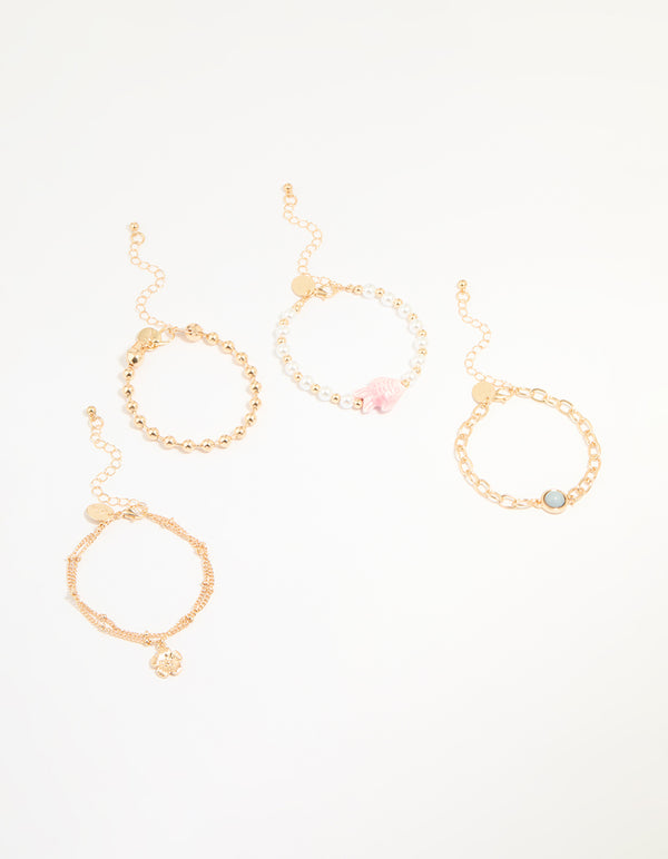 Gold Mixed Charm Fish Bracelets 4-Pack