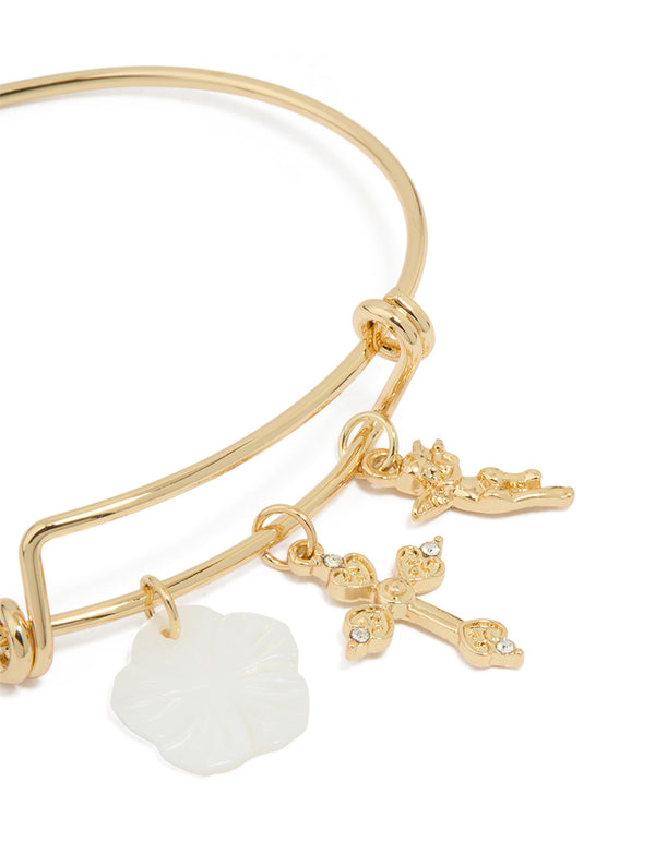 Gold Plated Cross & Flower Bangle