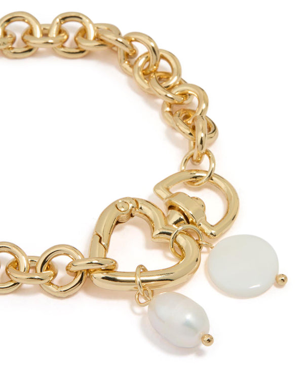 Gold Plated Pearl Heart Clasp Bracelet