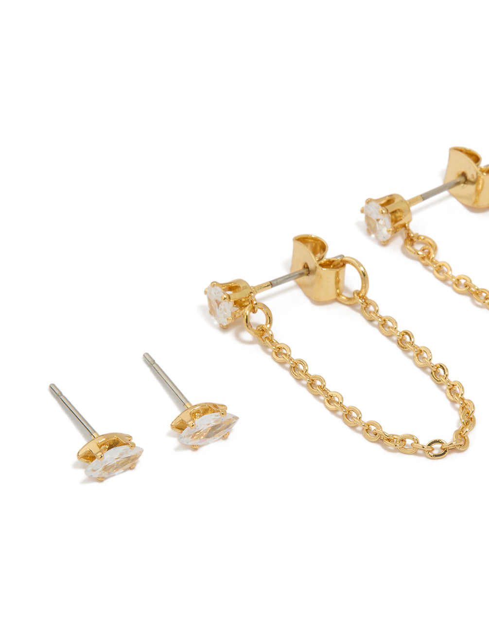 Gold Plated Brass Cubic Zirconia Oval Chain & Huggie Earrings 4-Pack