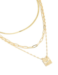 Gold Plated Square Diamante & Snake Chain Layered Necklace - link has visual effect only