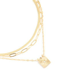 Gold Plated Square Diamante & Snake Chain Layered Necklace - link has visual effect only