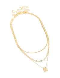 Gold Plated Square Diamante & Snake Chain Layered Necklace - link has visual effect only