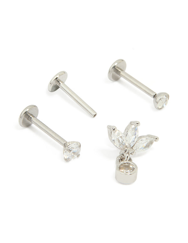 Surgical Steel Cubic Zirconia Drop Threadless Flat Back Studs Pack