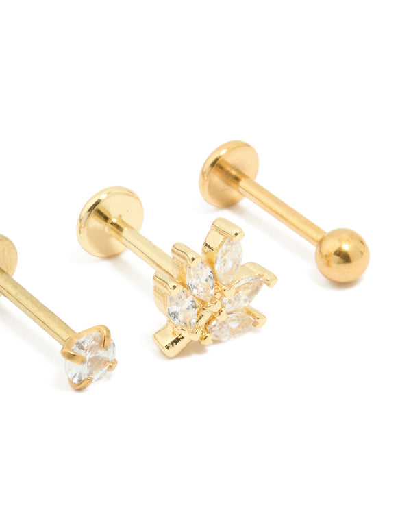Gold Plated Surgical Steel Cubic Zirconia Threadless Flat Back Studs 3-Pack