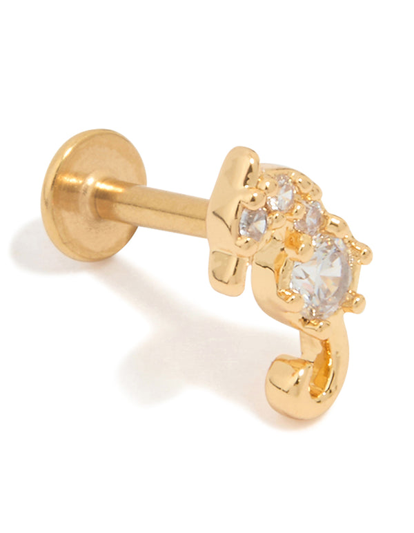 Gold Plated Surgical Steel Cubic Zirconia Seahorse Flat Back Stud