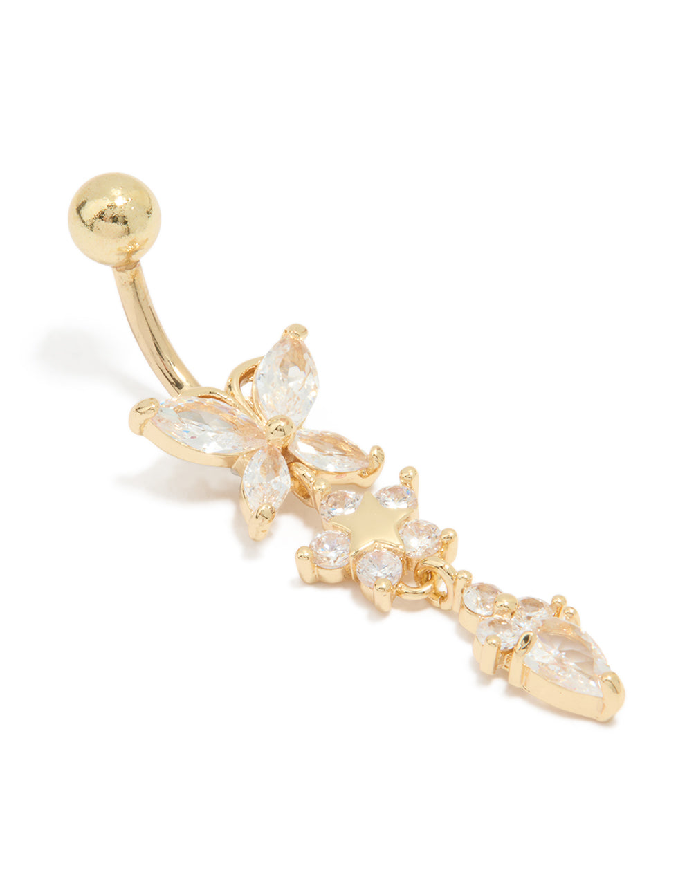 Gold Plated Surgical Steel Cubic Zirconia Triple Flower Belly Bar