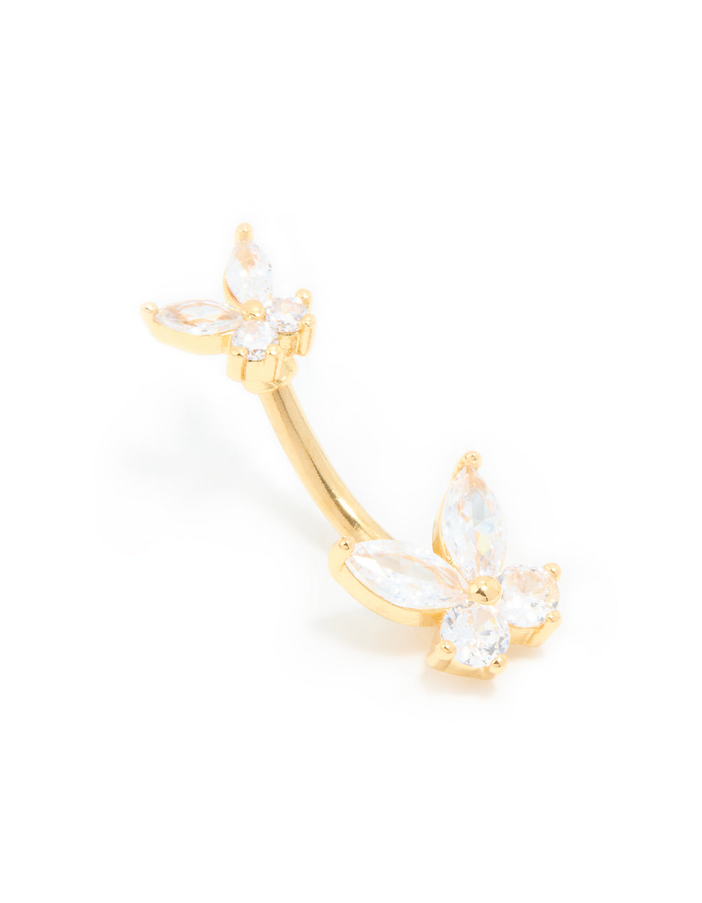Gold Plated Surgical Steel Cubic Zirconia Double Butterfly Belly Bar