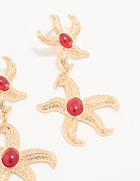 Gold Red Centre Double Starfish Drop Earrings - link has visual effect only
