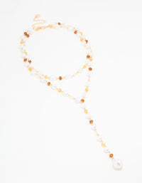 Gold Pearl & Brown Beaded Layered Y-Necklace - link has visual effect only