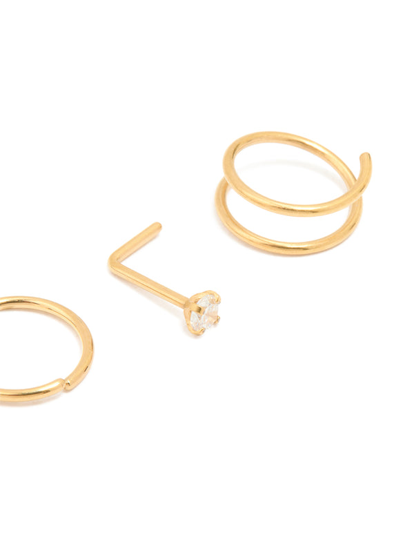 Gold Plated Titanium Simple Mixed Nose Studs & Nose Rings 4-Pack