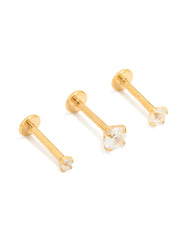 Gold Plated Titanium Cubic Zirconia & Plain Flat Back Studs 3-Pack