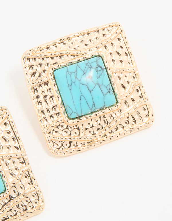 Gold Turquoise Textured Square Stud Earrings