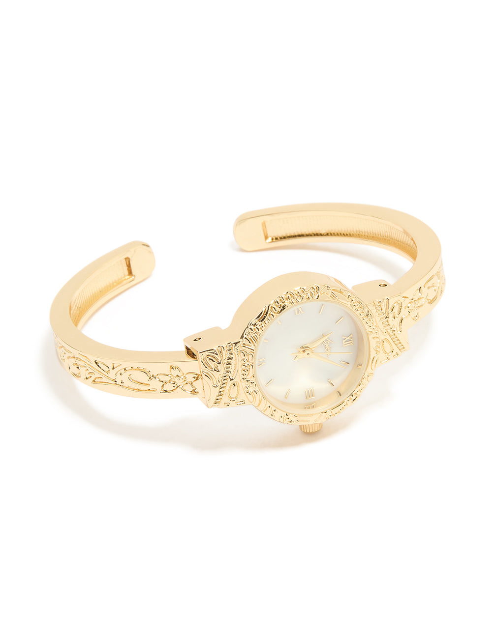 Crafted from gold this molten vintage cuff watch with white dial, roman numerals, round shape, analog type designed for women for casual occasions front view