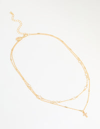 Gold Plated Bezel Chain & Cross Layered Necklace - link has visual effect only