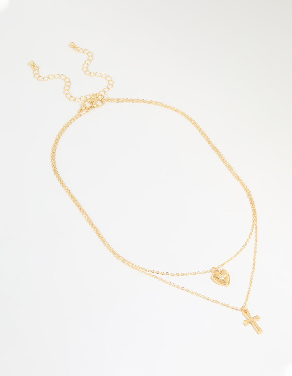 Gold Plated Diamante Heart & Cross Layered Necklace