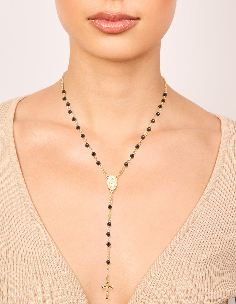 Gold Plated Black Onyx & Cross Lariat Necklace