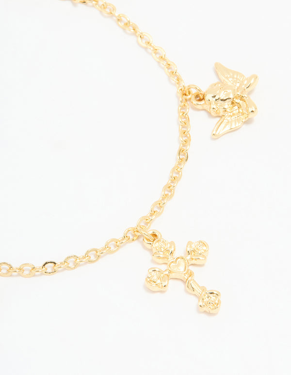 Gold Plated Cross & Heart Charm Bracelet