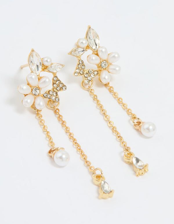 Gold Plated Diamante Pearl Flower Chain Drop Earrings