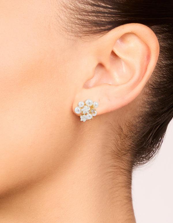 Gold Plated Cubic Zirconia Pearl Cluster Stud Earrings