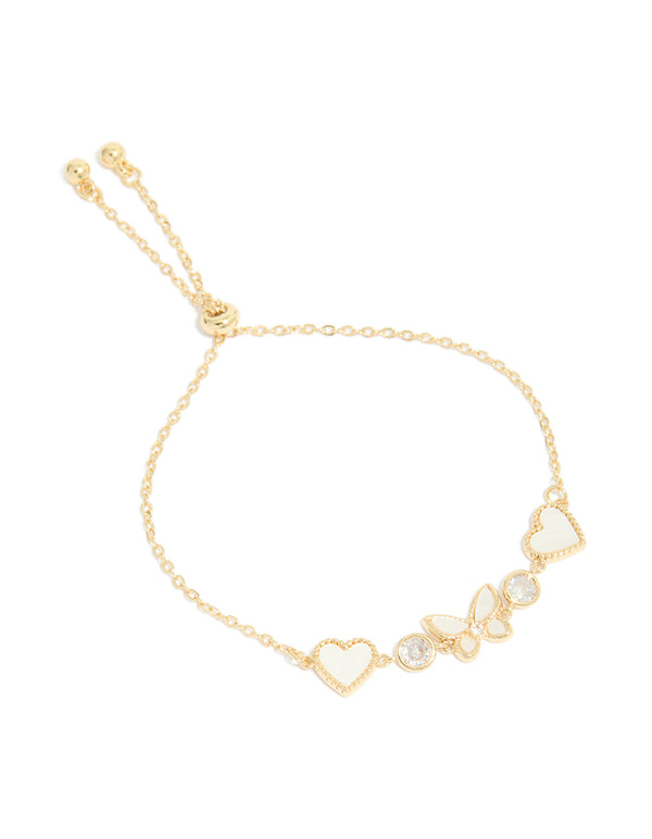 Gold Plated Cubic Zirconia Butterfly & Heart Toggle Bracelet